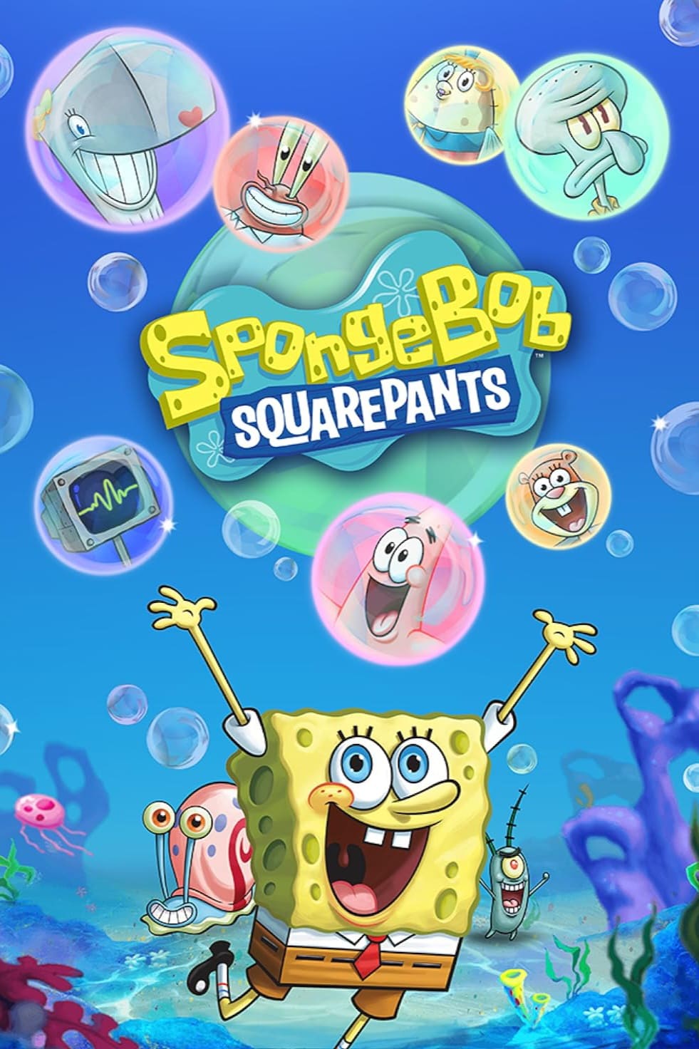 SpongeBob hüpft fröhlich unter Wasser, umgeben von Seifenblasen, auf denen die Gesichter seiner Freunde zu sehen sind – darunter ein Seestern, ein Tintenfisch, eine Krabbe, ein Eichhörnchen, ein Wal, eine Schnecke und Plankton –, während in der Mitte das „SpongeBob SquarePants“-Logo zu sehen ist. Tauchen Sie mit „IPTV Kaufen“ jederzeit in die lustige Welt von Bikini Bottom ein und genießen Sie endlosen Unterhaltungsspaß!.