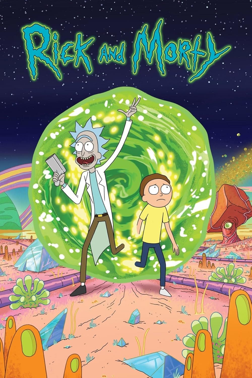 Ein animierter Wissenschaftler und ein Junge stehen vor einem leuchtend grünen Portal in einer außerirdischen Landschaft. Im Hintergrund sind bunte Pflanzen, Kristalle und ferne Planeten zu sehen. Über ihnen steht oben in leuchtender, gezackter Schrift „Rick and Morty“ – perfekt für Fans, die neue Abenteuer erkunden möchten, oder für diejenigen, die nach IPTV-Kaufangeboten für ihre nächste Sci-Fi-Marathon-Session suchen.
