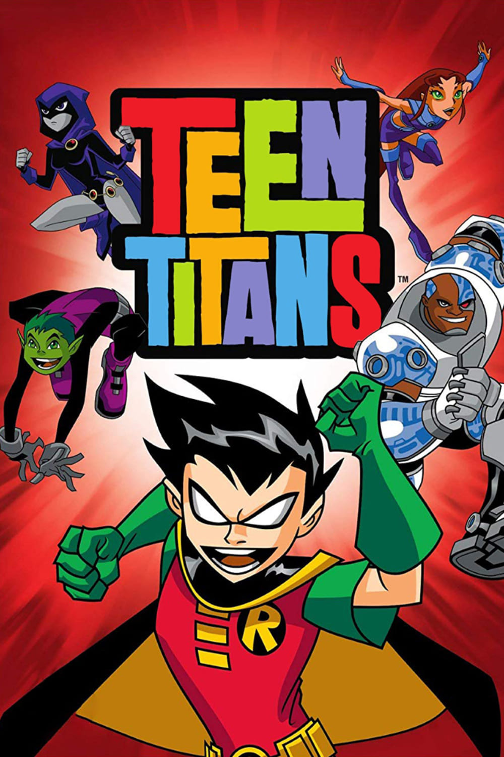 Fünf animierte „Teen Titans“-Figuren – Robin, Starfire, Raven, Beast Boy und Cyborg – posieren dynamisch vor einem leuchtend roten Hintergrund, in dessen Mitte das farbenfrohe „Teen Titans“-Logo zu sehen ist. So entsteht eine auffällige Szene, die das perfekte Highlight für Ihr IPTV-Erlebnis sein könnte.
