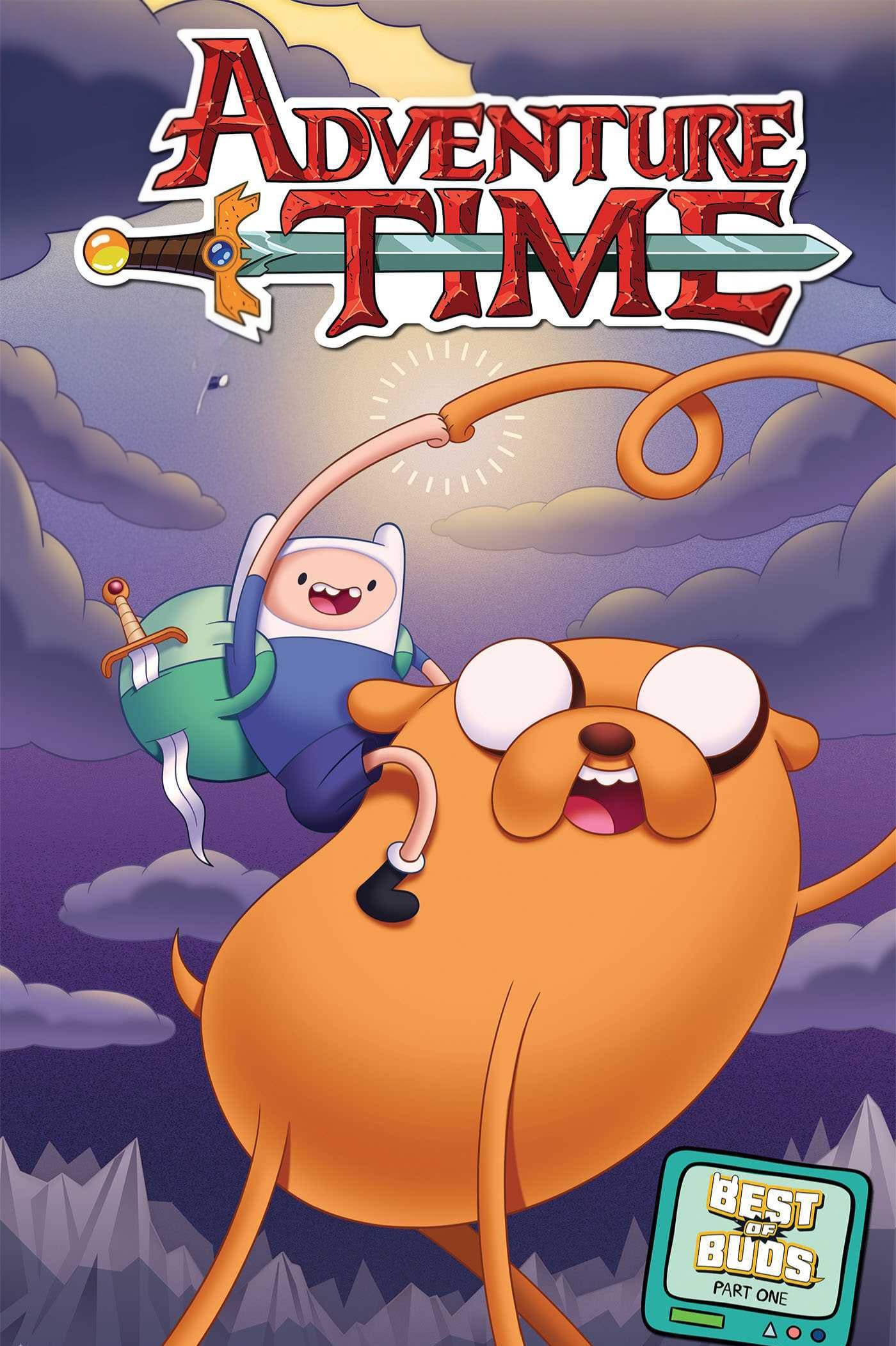 Finn und Jake aus „Adventure Time“ posieren heldenhaft vor einer Bergkulisse: Finn schwingt ein Schwert, während Jake sich streckt. In der rechten unteren Ecke ist ein Schild mit der Aufschrift „Best Buds Part One“ zu sehen, was diese Szene zum perfekten Anblick für jeden Fan macht – insbesondere für diejenigen, die ihre Lieblingsfolgen jederzeit mit „IPTV Kaufen“ genießen möchten.