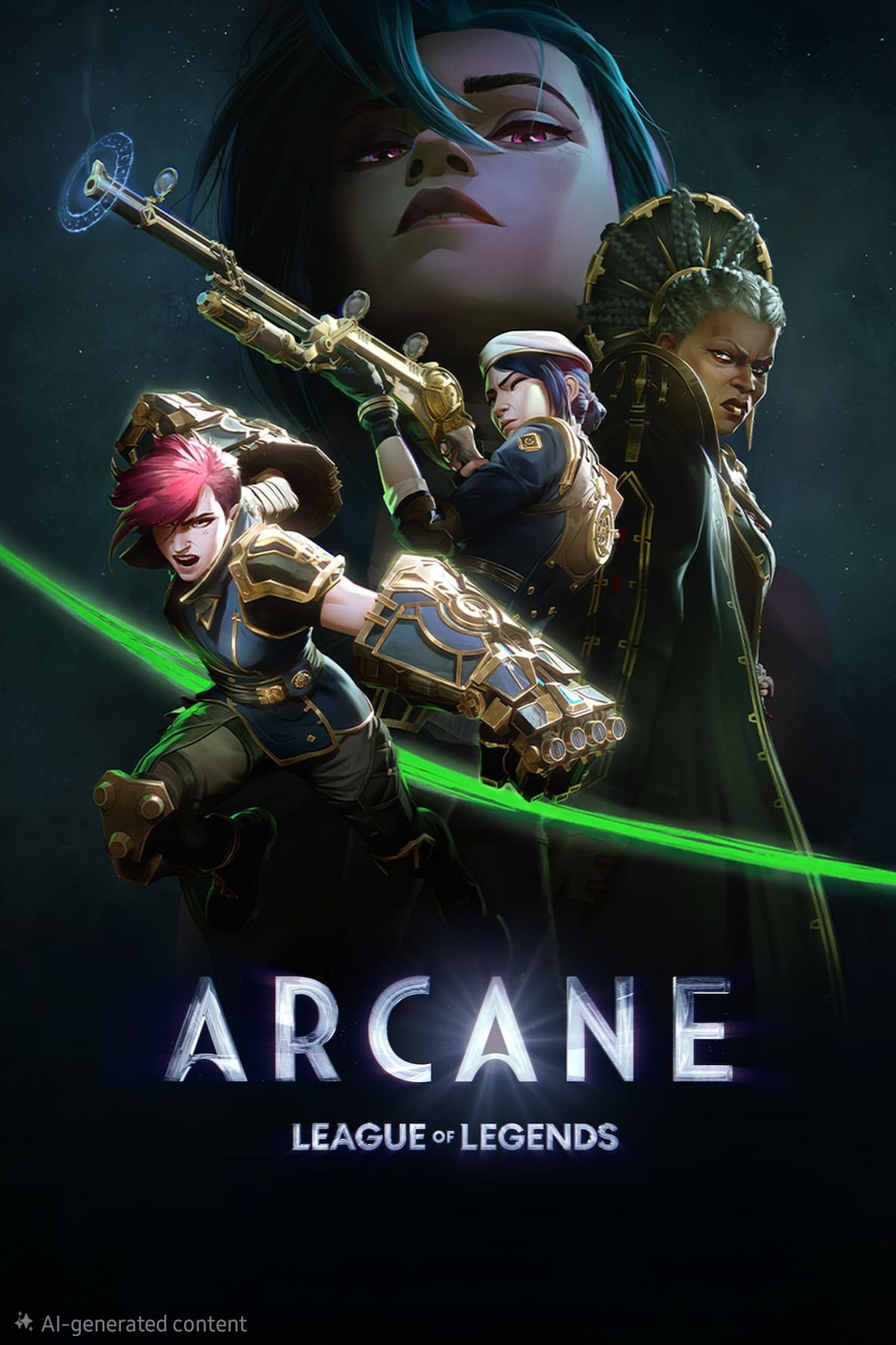 Drei animierte Figuren posieren dynamisch mit Waffen vor einem großen, schattierten Gesicht. Unten erscheint der stilisierte Schriftzug „Arcane: League of Legends“, der dezent beleuchtet ist wie die Benutzeroberfläche eines Premium-IPTV-Dienstes. Der Hintergrund ist dunkel und weist leuchtend grüne Akzente auf.