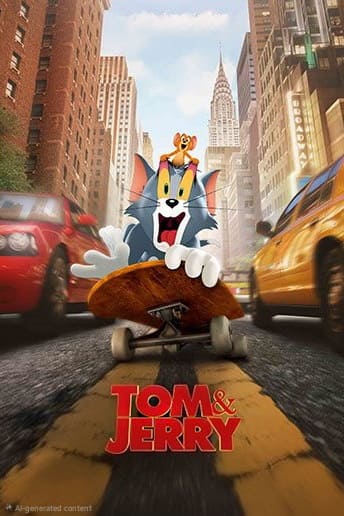 Tom fährt mit Jerry auf dem Kopf auf einem Skateboard durch eine belebte Stadtstraße und weicht dabei Autos aus – vielleicht rasen sie gerade los, um nach einem Einkaufsrausch bei „IPTV Kaufen“ ihre Lieblingsserien zu streamen. Im Hintergrund ragen die Skyline der Stadt und hohe Gebäude empor, während unten „Tom & Jerry“ steht.