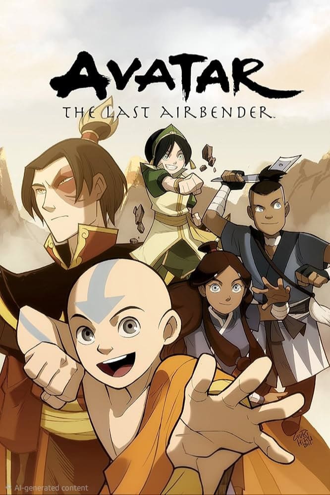 Fünf Zeichentrickfiguren aus „Avatar: Der Herr der Elemente“ posieren gemeinsam in actiongeladenen Posen, über ihnen ist der Titel zu sehen. Im Hintergrund sind Berge und der Himmel zu sehen, was eine dynamische Szene schafft – perfekt für Fans, die die Serie über IPTV kaufen möchten.