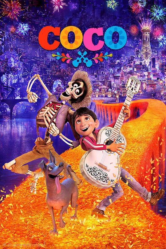 Animiertes Poster zum Film „Coco“, auf dem zwei Figuren – ein Skelett und ein Junge mit einer Gitarre – auf einem Weg aus Ringelblumenblättern tanzen, begleitet von einem Hund und vor dem Hintergrund farbenfroher Feuerwerke – ideal für Fans, die den Film über IPTV Kaufen nahtlos zu Hause streamen können.