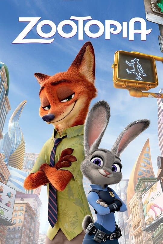 Nick Wilde, ein Fuchs in grünem Hemd und Krawatte, steht mit verschränkten Armen neben Judy Hopps, einem grauen Kaninchen in Polizeiuniform, vor einer Stadtkulisse, über der das Zootopia-Logo prangt – eine Szene, die Sie jederzeit genießen können, wenn Sie sich für „IPTV Kaufen“ entscheiden, um nahtloses Streaming zu erleben.
