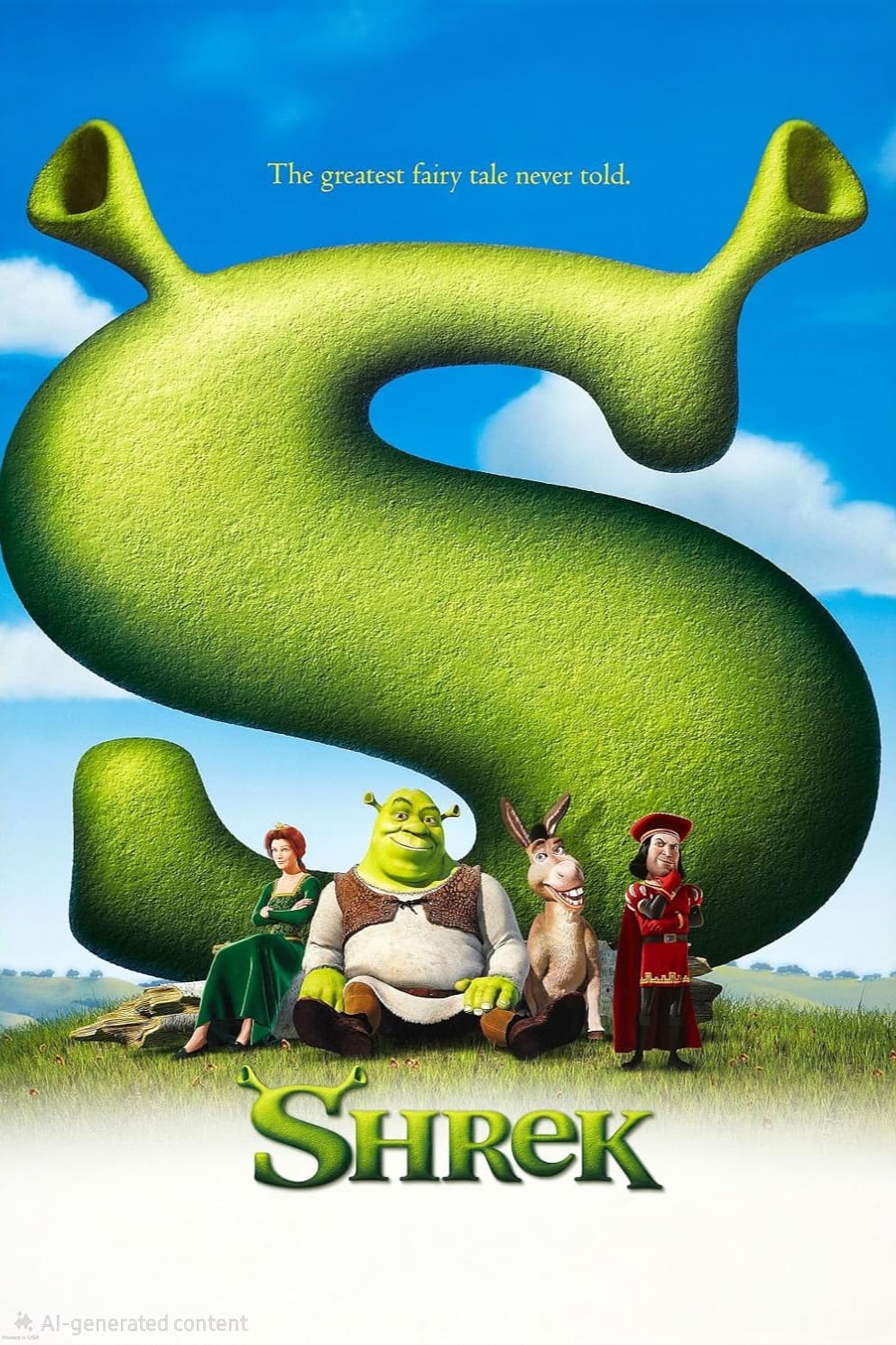 Poster zum Film „Shrek“ mit Shrek, Fiona, Esel und Lord Farquaad, die vor einem großen grünen „S“ sitzen, mit dem Slogan „Das größte Märchen, das je erzählt wurde“. Perfekt für Fans, die den Zauber dieses urkomischen Abenteuers noch einmal erleben möchten – jetzt zum Streamen über IPTV Kaufen verfügbar.