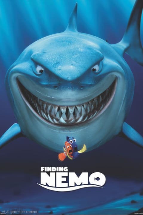 Ein großer Hai grinst bedrohlich hinter zwei kleinen, verängstigten Zeichentrickfischen (Dory und Marlin) her, unter denen auf blauem Unterwasserhintergrund der Filmtitel „Findet Nemo“ zu sehen ist – perfekt für Fans, die bei IPTV-Kaufen-Diensten nach familienfreundlicher Unterhaltung suchen.