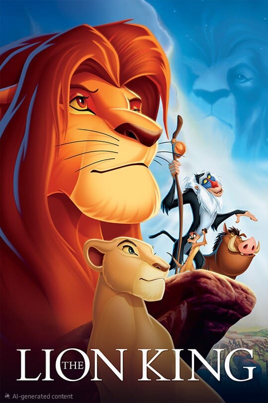 Animiertes Poster zu „Der König der Löwen“, auf dem ein Löwe, eine Löwin, ein Erdmännchen, ein Warzenschwein und ein Pavian auf einem Felsen stehen, während über ihnen in den Wolken das Gesicht eines weiteren Löwen erscheint. Unten ist der Titel „Der König der Löwen“ zu sehen – ein Muss für Fans und alle, die diesen Klassiker über IPTV Kaufen noch einmal erleben möchten.