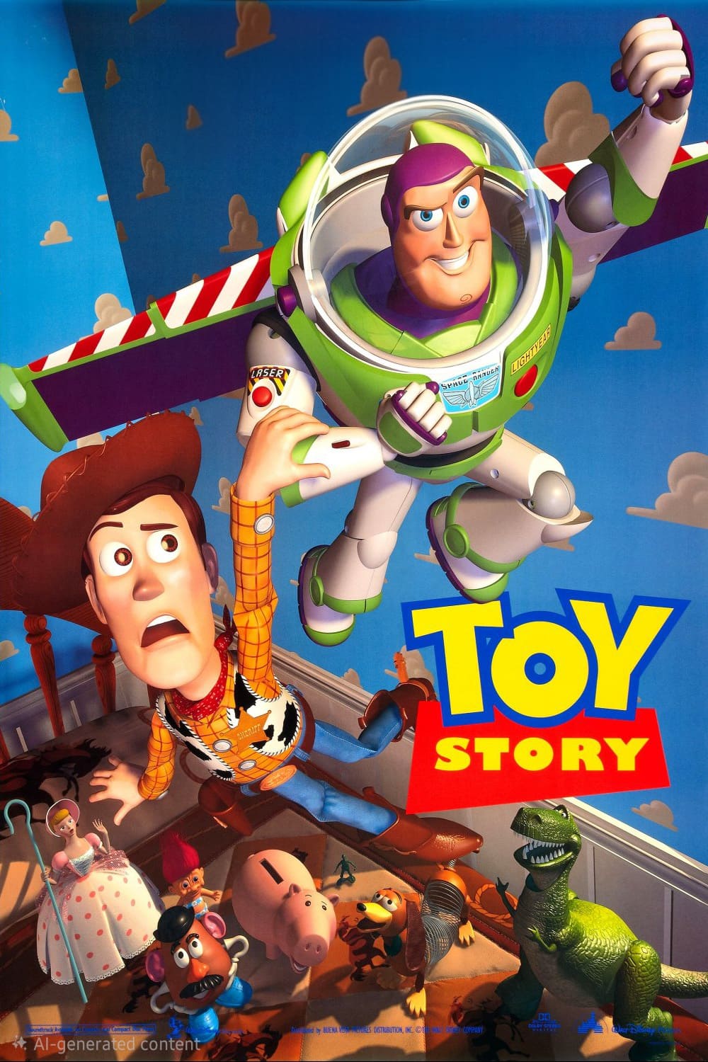 Poster zu „Toy Story“ mit Woody, einer Cowboy-Puppe, und Buzz Lightyear, einem Space Ranger, die über anderen Spielzeugfiguren in Andys Zimmer schweben. Der Filmtitel „Toy Story“ ist in fetten gelben und blauen Buchstaben dargestellt – ein ikonisches Bild, das perfekt für jeden Fan ist oder für alle, die klassische Momente noch einmal erleben möchten, während sie den Film über IPTV Kaufen streamen.