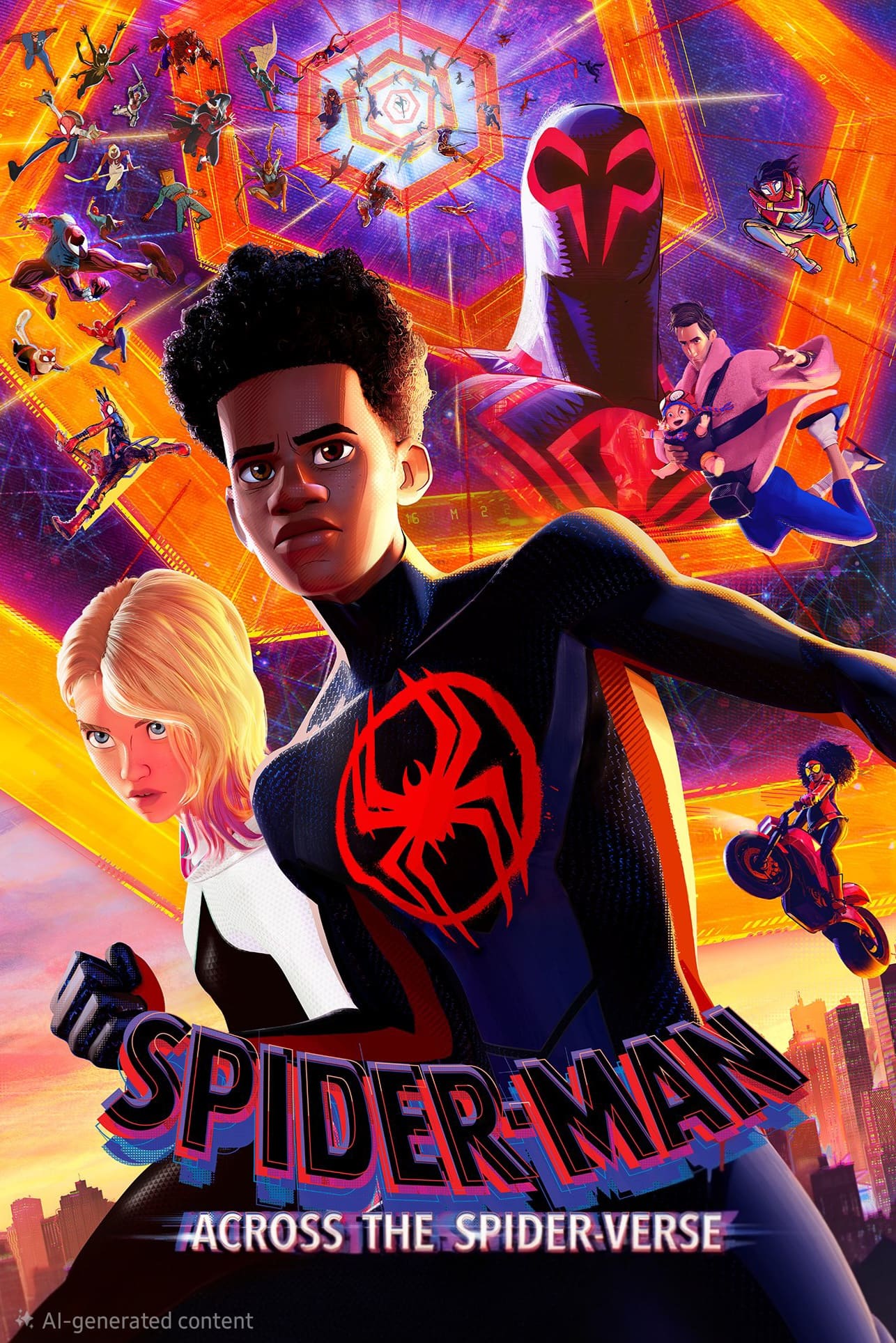 Animiertes Poster zu „Spider-Man: Across the Spider-Verse“ mit Miles Morales, Spider-Gwen und zahlreichen Spider-Charakteren vor einem farbenfrohen Multiversum-Hintergrund mit Stadtpanorama und Spinnennetzen – perfekt für Fans, die Superhelden in Aktion über IPTV Kaufen streamen möchten.