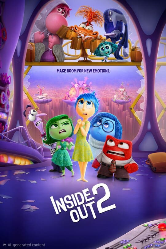 Plakat zu „Inside Out 2“ mit den animierten Figuren Freude, Traurigkeit, Wut, Angst, Ekel und neuen Emotionen, die in einem farbenfrohen Kontrollraum stehen. Der Text lautet: „Macht Platz für neue Emotionen.“ Genießen Sie diese lebhafte Szene zu Hause mit IPTV Kaufen – erleben Sie jede Emotion direkt auf Ihrem Bildschirm.
