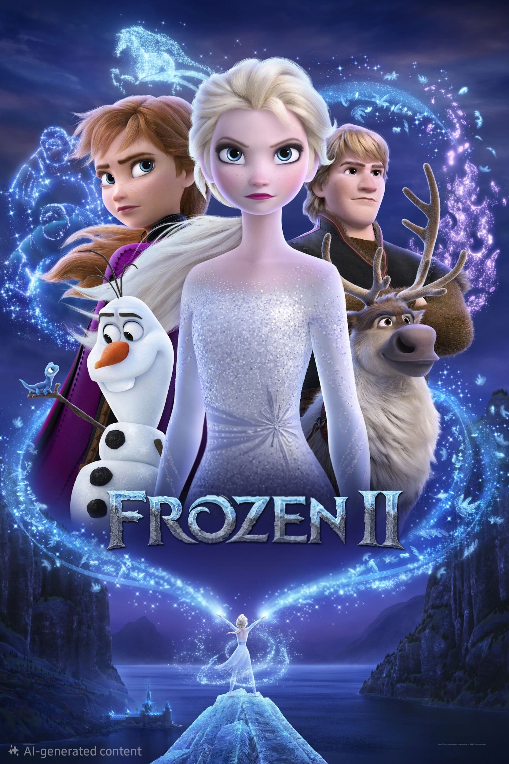 Filmplakat zu „Die Eiskönigin II“ mit den animierten Figuren: Elsa im Vordergrund, Anna, Kristoff, das Rentier Sven und der Schneemann Olaf, im Hintergrund magische blaue Wirbel und eine leuchtende Eislandschaft – perfekt für Fans, die dieses Abenteuer jederzeit über IPTV Kaufen noch einmal erleben möchten.