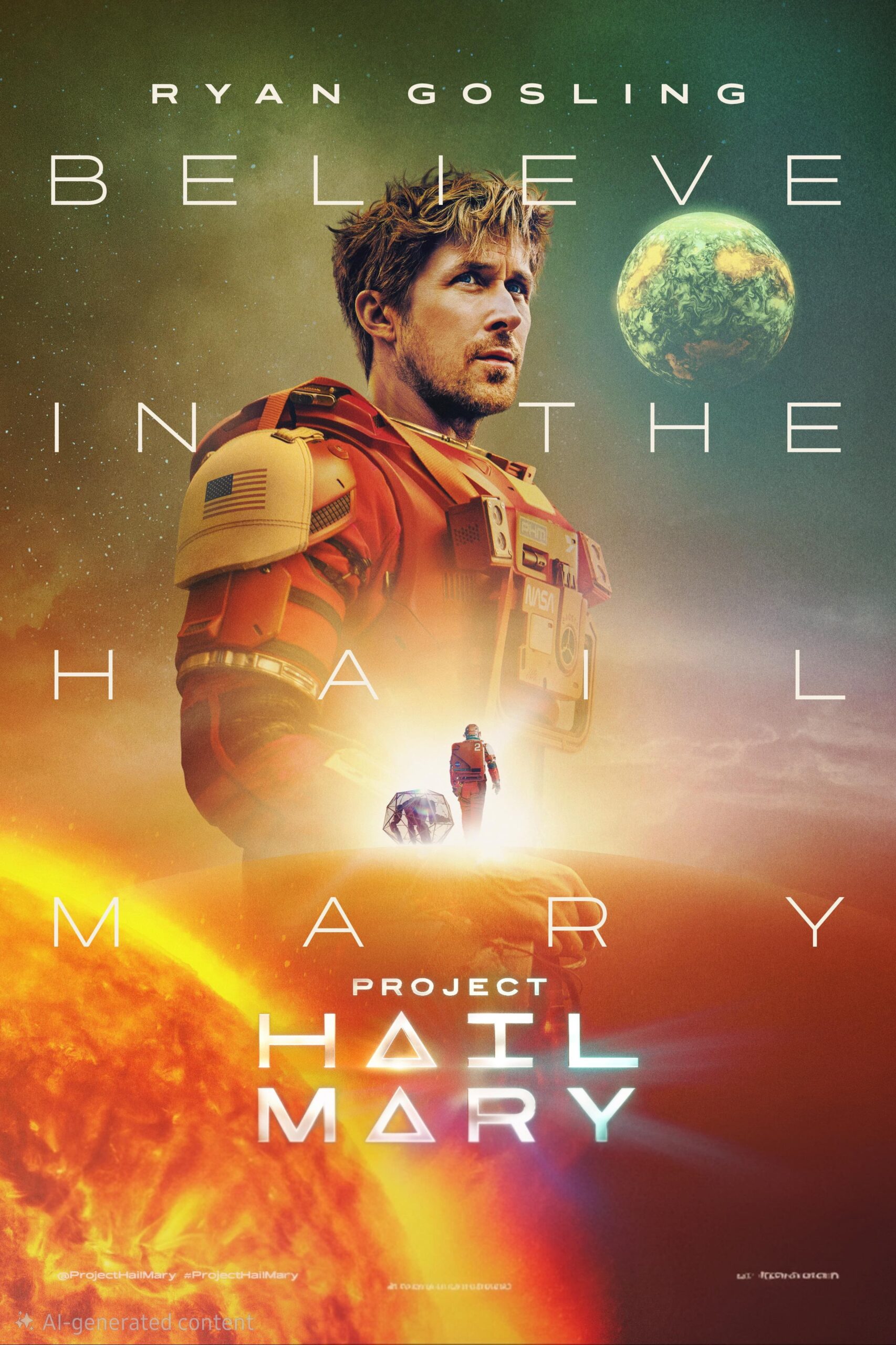 Ein Mann in einem Raumanzug steht in der Nähe der Sonne und der Erde, daneben steht der Text: „Ryan Gosling. Glaube an das Hail Mary. Projekt Hail Mary.“ Der Mann wirkt entschlossen, im Hintergrund sind kosmische Bilder zu sehen, die an die Erforschung neuer Grenzen erinnern – ganz ähnlich wie die Entdeckung von „IPTV Kaufen“ für grenzenlose Unterhaltungsmöglichkeiten.