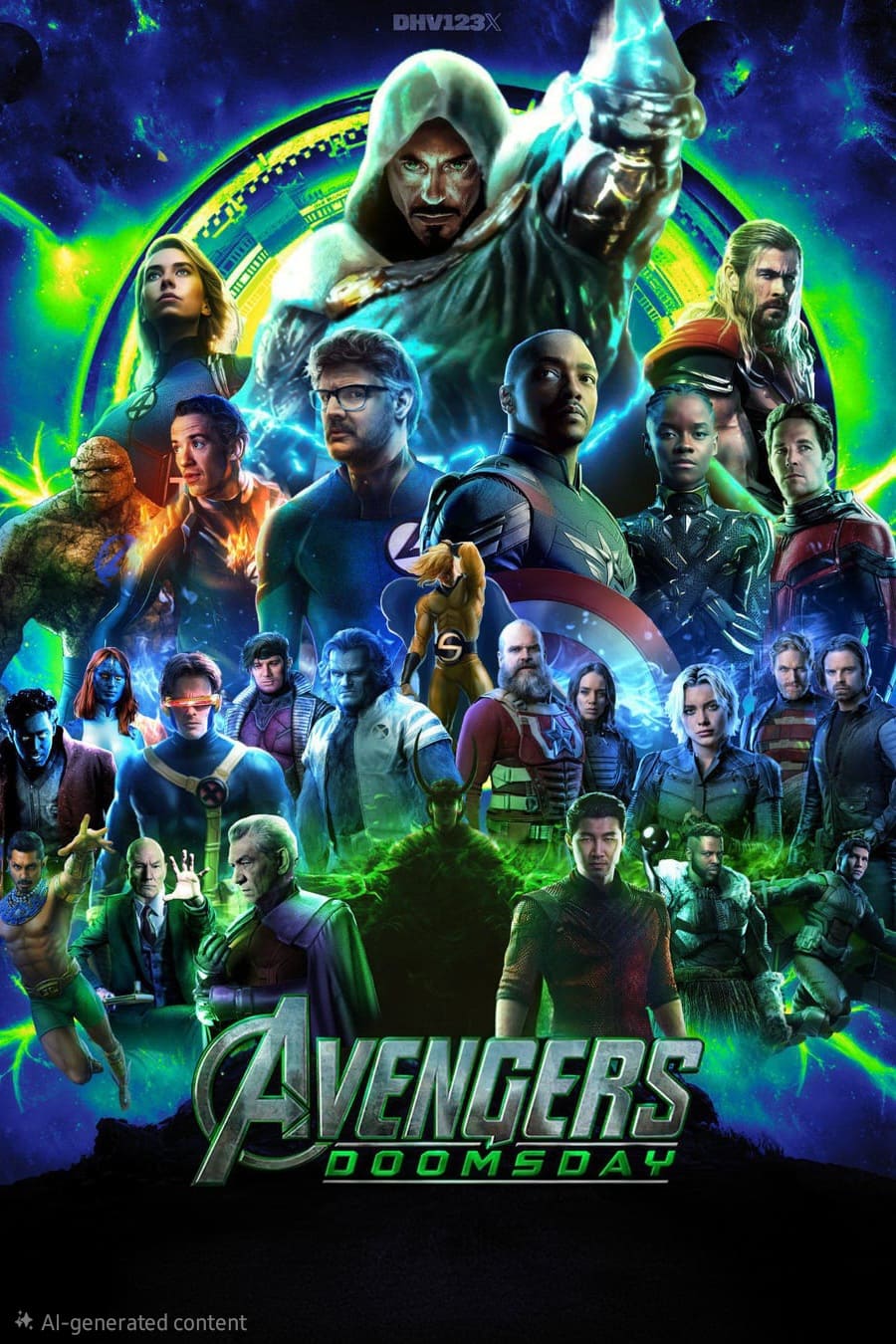 Eine farbenfrohe Collage aus Marvel-Superhelden und -Bösewichten, darunter Figuren mit Schilden, Hämmern und leuchtenden Kräften, vor einem kosmischen grün-blauen Hintergrund mit dem Schriftzug „Avengers Doomsday“ am unteren Rand – perfekt für das Zimmer eines jeden Fans oder als atemberaubende Kulisse für Ihr IPTV-Erlebnis.