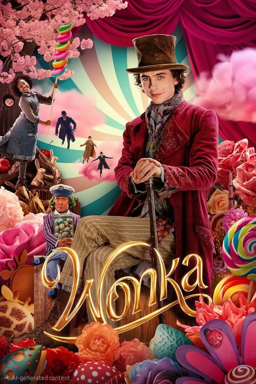 Ein Mann mit Zylinder und rotem Mantel steht inmitten bunter Bonbons und einer skurrilen Kulisse, unter der der Schriftzug „Wonka“ zu sehen ist. Weitere Figuren und farbenfrohe Hintergründe lassen eine magische, fantastische Welt entstehen – und laden Sie zu einem Abenteuer ein, das genauso bezaubernd ist wie die Entdeckung von „IPTV Kaufen“ mit seinen unendlichen Unterhaltungsmöglichkeiten.