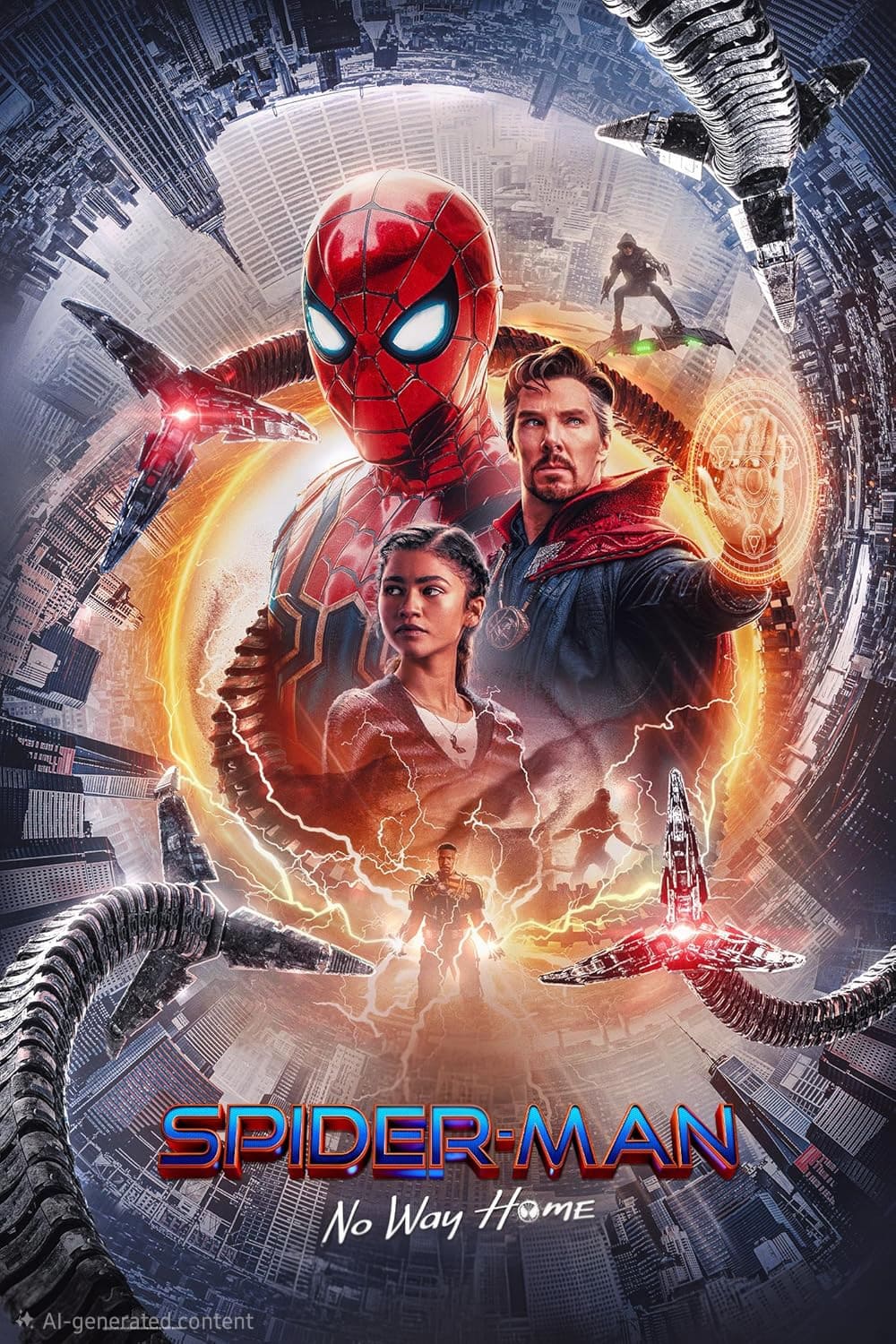 Offizielles Poster zu „Spider-Man: No Way Home“ mit Spider-Man, Doctor Strange, MJ, einer Stadtkulisse und mechanischen Tentakeln, die sie umschlingen, sowie dem Filmtitel und dem Slogan am unteren Rand – ideal für Fans, die daran interessiert sind, dieses epische Marvel-Abenteuer über IPTV zu streamen.