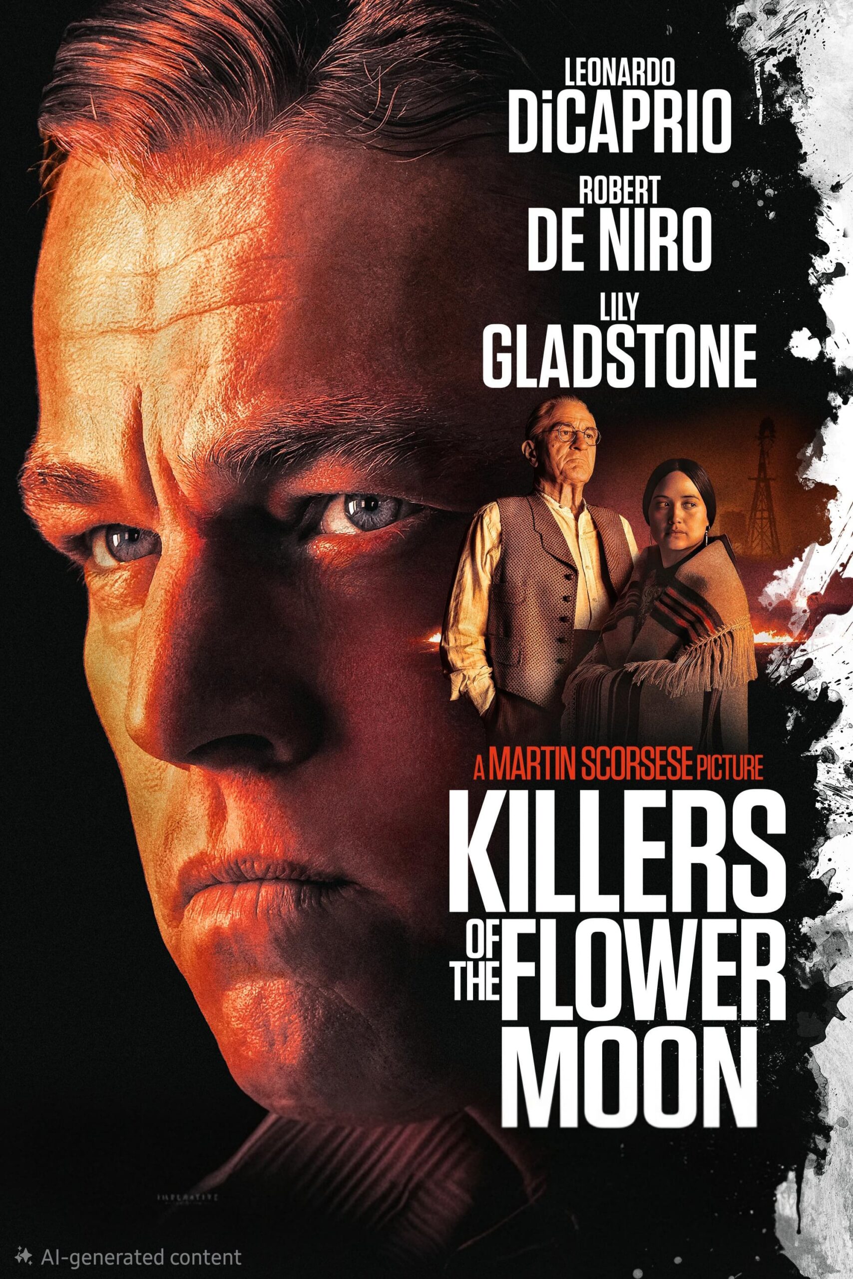 Filmplakat zu „Killers of the Flower Moon“, das links eine Nahaufnahme des Gesichts eines Mannes und rechts zwei nebeneinander stehende Personen zeigt, überlagert von den Namen der Darsteller und dem Titel – perfekt für Filmfans, die Neuerscheinungen mit „IPTV Kaufen“ oder „IPTV Kaufe“ streamen möchten.