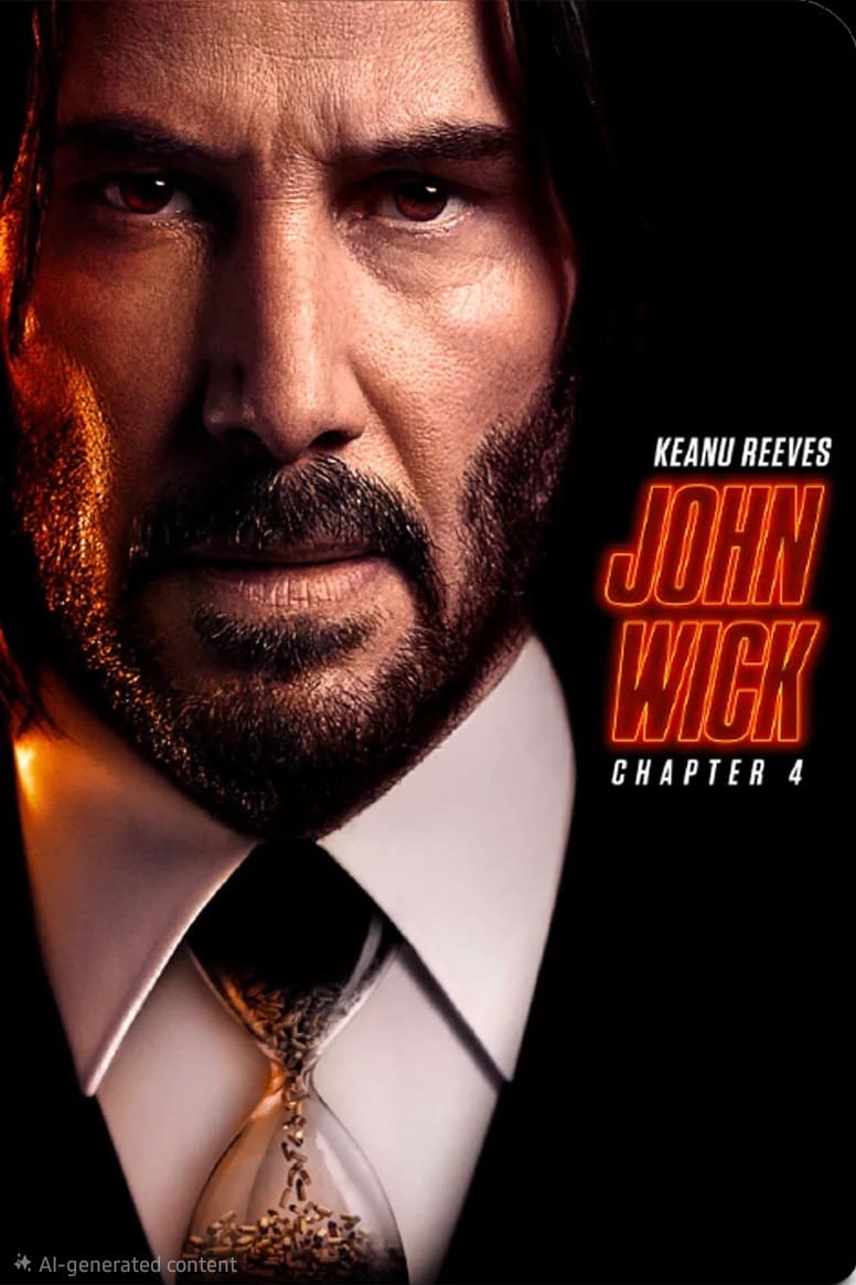 Nahaufnahme eines ernsten Mannes mit langen Haaren und Bart, der Anzug und Krawatte trägt. Der Text „Keanu Reeves – John Wick: Kapitel 4“ ist in fetten roten und weißen Buchstaben geschrieben und unterstreicht die Spannung, die Sie beim Streaming erleben können, wenn Sie sich für „IPTV Kaufen“ entscheiden.