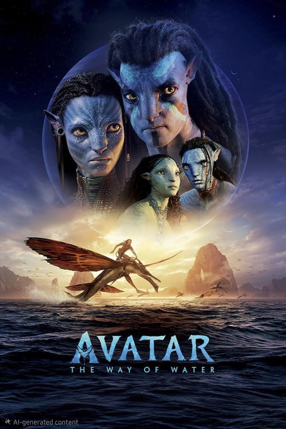 Filmplakat zu „Avatar: The Way of Water“, auf dem vier blauhäutige Figuren über einer Person zu sehen sind, die bei Sonnenuntergang auf einem fliegenden Wesen über den Ozean reitet. Der Titel ist unten zu sehen, was das Plakat zu einem auffälligen Design macht – perfekt für Fans, die ihre Sammlung erweitern möchten, oder für diejenigen, die über IPTV-Kaufplattformen nach „Avatar“-Inhalten suchen.