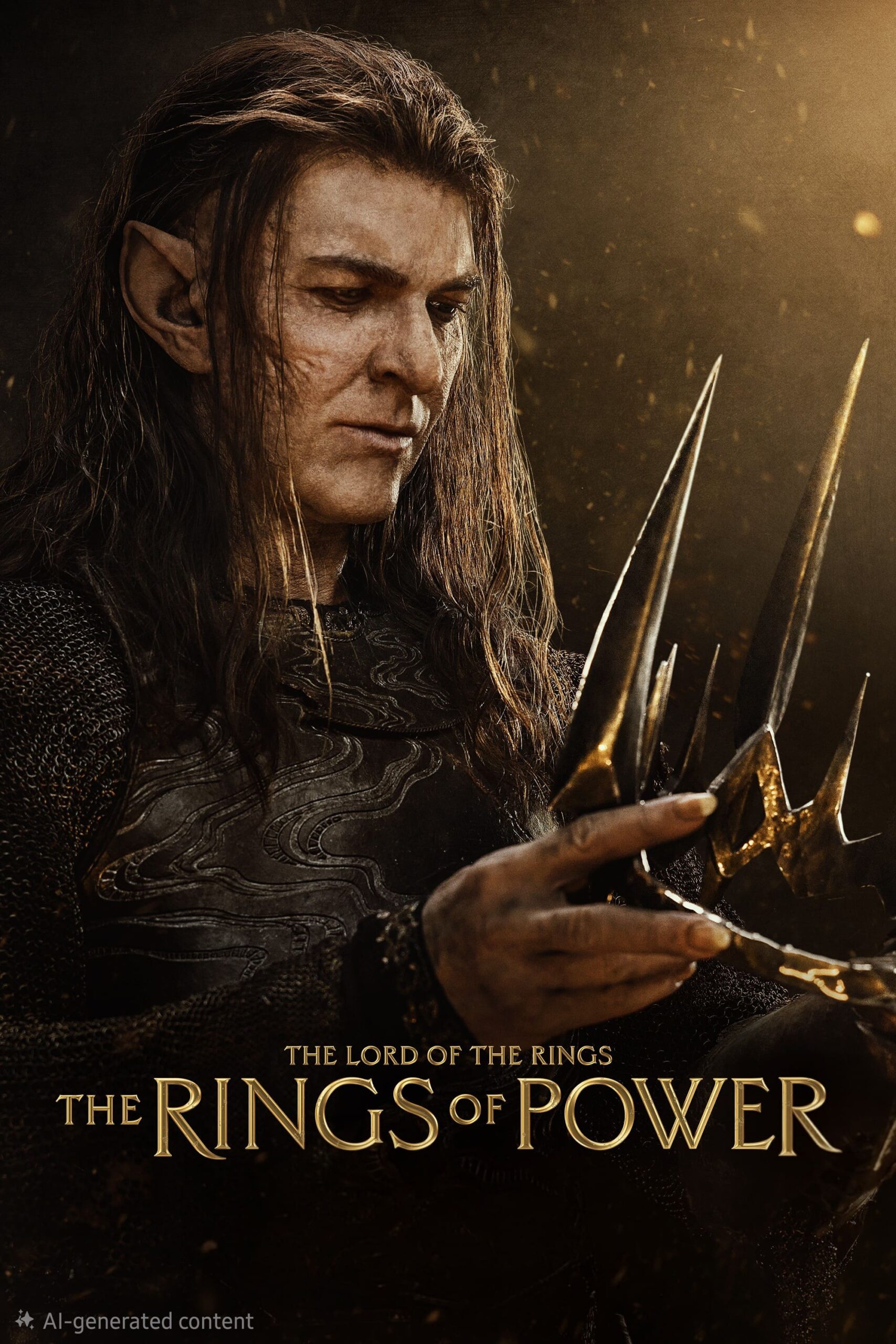 Ein langhaariger Elf in dunkler Rüstung hält eine goldene Stachelkrone in der Hand, unter der die Aufschrift „Der Herr der Ringe: Die Ringe der Macht“ zu lesen ist. Die dramatische Fantasy-Szene weckt Sehnsucht nach Abenteuern und Intrigen – perfekt für Fans, die in epische Geschichten eintauchen möchten, insbesondere wenn sie über IPTV Kaufen in High Definition gestreamt werden und so ein unvergleichliches Seherlebnis bieten.