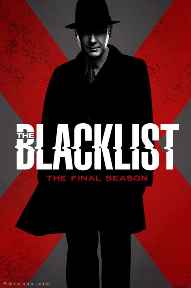 Eine schemenhafte Gestalt in Hut und Mantel steht vor einem großen roten X. Der Text lautet: „The Blacklist: Die letzte Staffel“. Der Hintergrund ist grau, wobei die Gestalt teilweise vom Titel der Serie verdeckt wird – ein eindrucksvolles Bild, das Fans über „IPTV Kaufen“ für nahtlosen Streaming-Zugang genießen können.