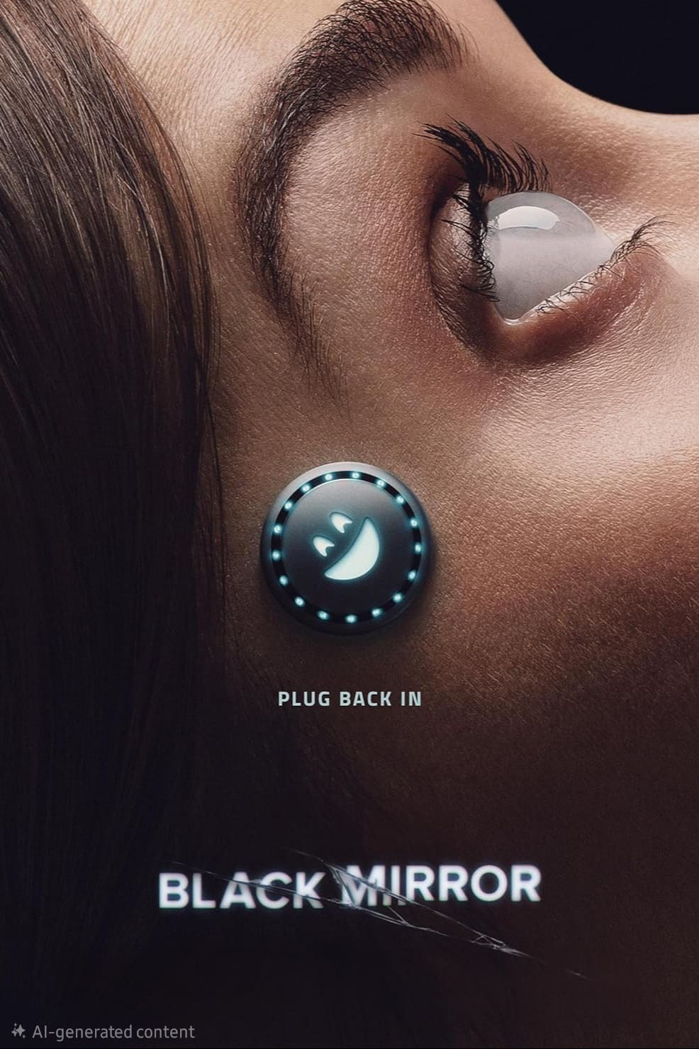Eine Nahaufnahme des Gesichts einer Person mit einem leuchtenden, runden Gerät an der Schläfe. Der Text lautet: „PLUG BACK IN BLACK MIRROR“. Das Bild vermittelt einen futuristischen und surrealen Eindruck und erinnert an das digitale Eintaucherlebnis, das man mit der IPTV-Kaufen-Technologie erleben kann.