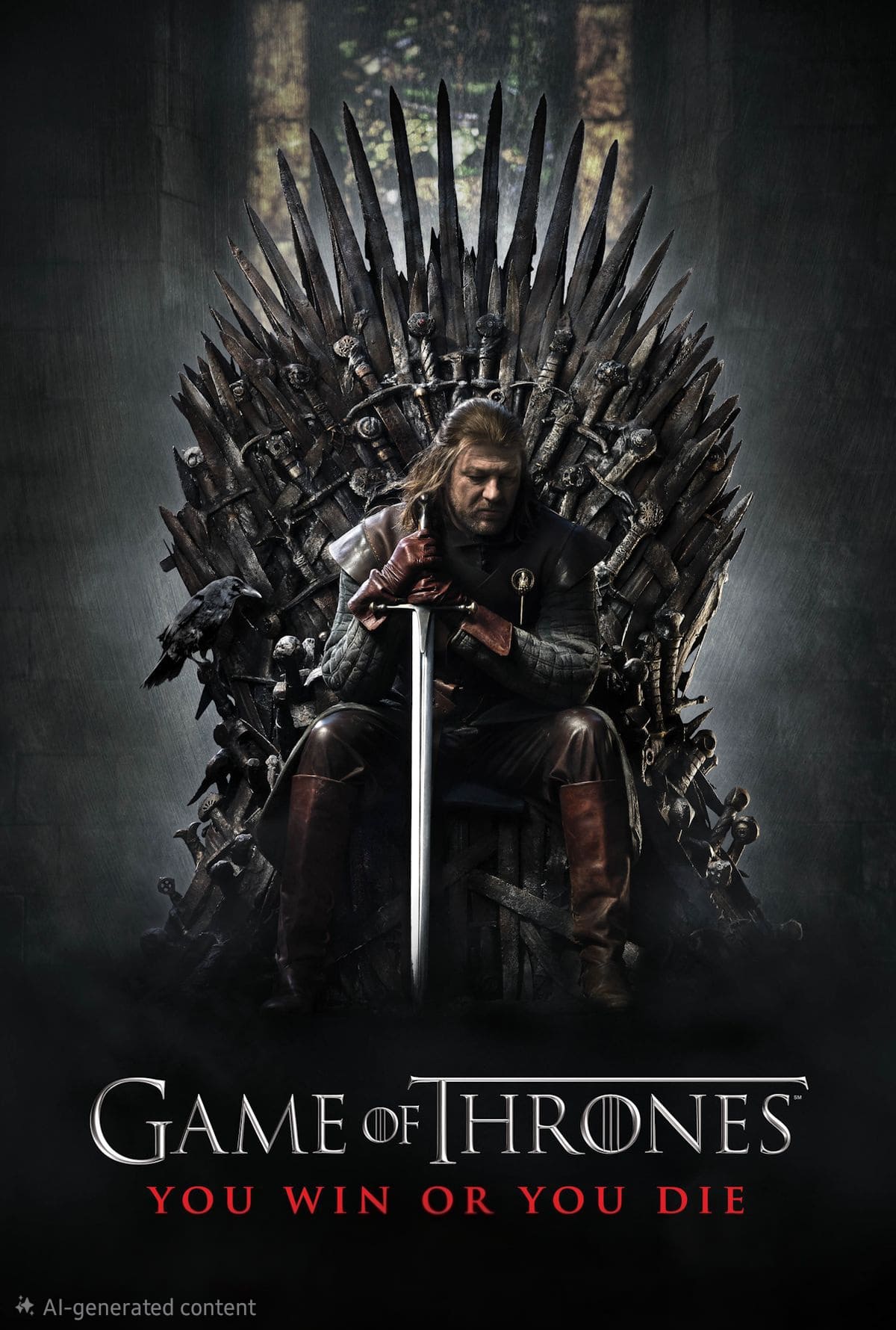 Ein Mann in mittelalterlicher Rüstung sitzt auf einem Thron aus Schwertern und hält ein großes Schwert senkrecht in der Hand. Der Hintergrund ist dunkel und rauchverhangen. Der Text lautet: „Game of Thrones: You Win or You Die“. Erleben Sie jeden epischen Moment mit IPTV Kaufen, Ihrem Tor zu fesselnden Streaming-Abenteuern.