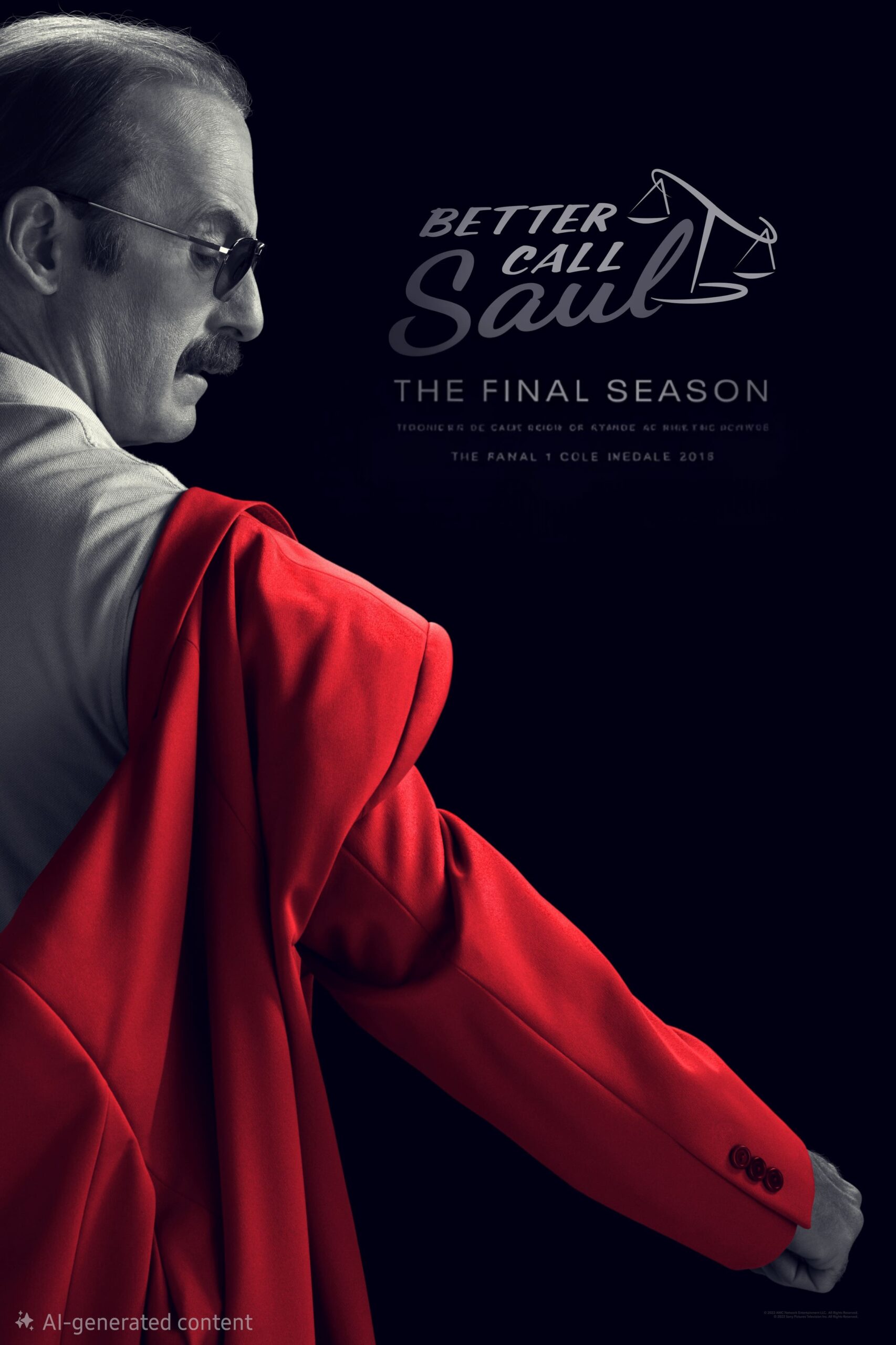 Ein Mann mit Brille zieht ein rotes Sakko an, wobei er dem Betrachter den Rücken zukehrt. Der Text lautet: „Better Call Saul: Die letzte Staffel“. Der Hintergrund ist schwarz – ideal für Fans, die nach „IPTV kaufen“ suchen, um die neuesten Folgen zu streamen.