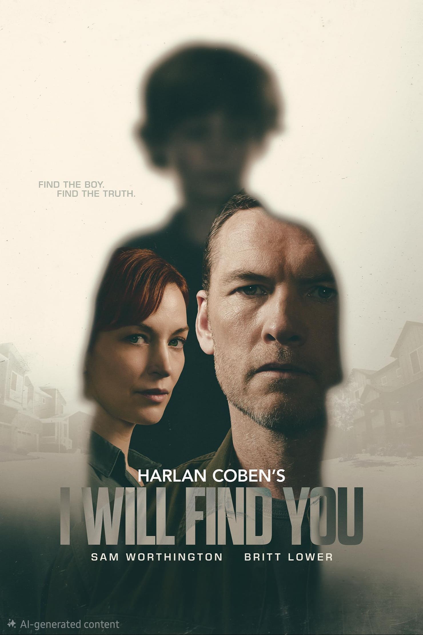 Ein Mann und eine Frau stehen in der Silhouette eines Jungen, begleitet von dem Text „HARLAN COBENS I WILL FIND YOU“ sowie den Namen der Schauspieler Sam Worthington und Britt Lower. Im Hintergrund sind schemenhafte Hauskonturen zu erkennen – was auf Geheimnis und Spannung hindeutet –, während ein unauffälliges Banner mit der Aufschrift „IPTV Kaufen“ auf moderne Möglichkeiten zum Zugriff auf die Serie hinweist.