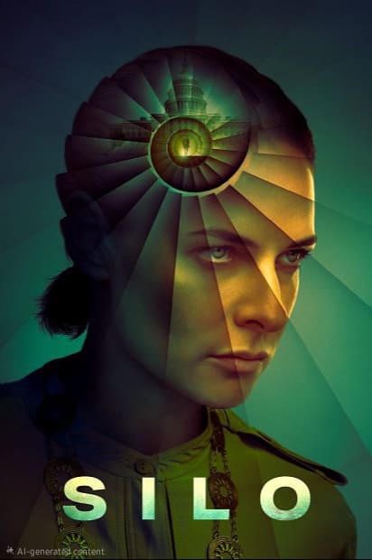 Eine Frau mit ausdrucksstarken Augen wird von einer Wendeltreppe überlagert, die sich von ihrem Kopf aus zu einem Muster entfaltet. Grüne und gelbe Lichtstrahlen strahlen nach außen und erzeugen ein dynamisches Bild, das an das immersive Erlebnis erinnert, das man beim Kauf von IPTV erlebt. Unten erscheint das Wort „SILO“ in fetten weißen Buchstaben.