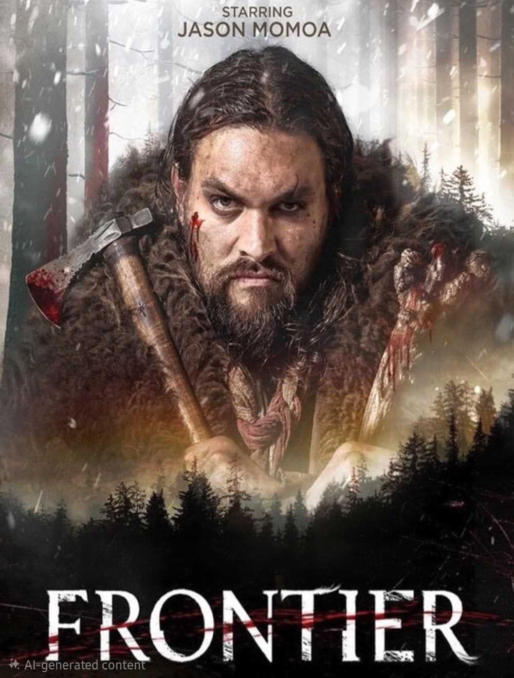 Ein wild aussehender Mann mit langen Haaren und Bart hält eine Axt in der Hand und trägt Pelze. In einem dunklen Wald fällt Schnee. Der Text lautet: Mit Jason Momoa und „Frontier“ – streamen Sie die Action jederzeit mit IPTV Kaufen.