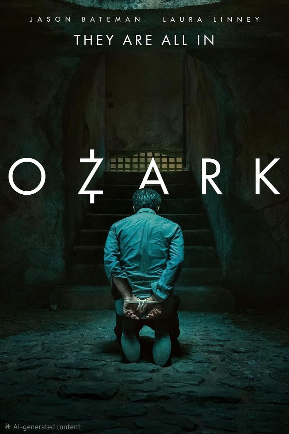Ein Mann kniet mit hinter dem Rücken gefesselten Händen in einem schummrigen Raum. Über das Bild ist das Wort „OZARK“ eingeblendet, darüber stehen die Namen von Jason Bateman und Laura Linney im Abspann. Licht fällt durch ein vergittertes Fenster und vermittelt die angespannte Atmosphäre von Krimiserien, die oft über IPTV-Dienste gestreamt werden.
