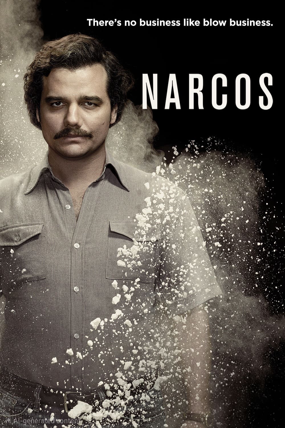 Ein ernst dreinblickender Mann mit Schnurrbart steht inmitten einer Wolke aus weißem Pulver. Über ihm steht: „There’s no business like blow business.“ Rechts ist auf dunklem Hintergrund in großer Schrift „NARCOS“ zu lesen, was den rauen Charme der Serie vermittelt, die Fans nun dank „IPTV Kaufen“ streamen können.