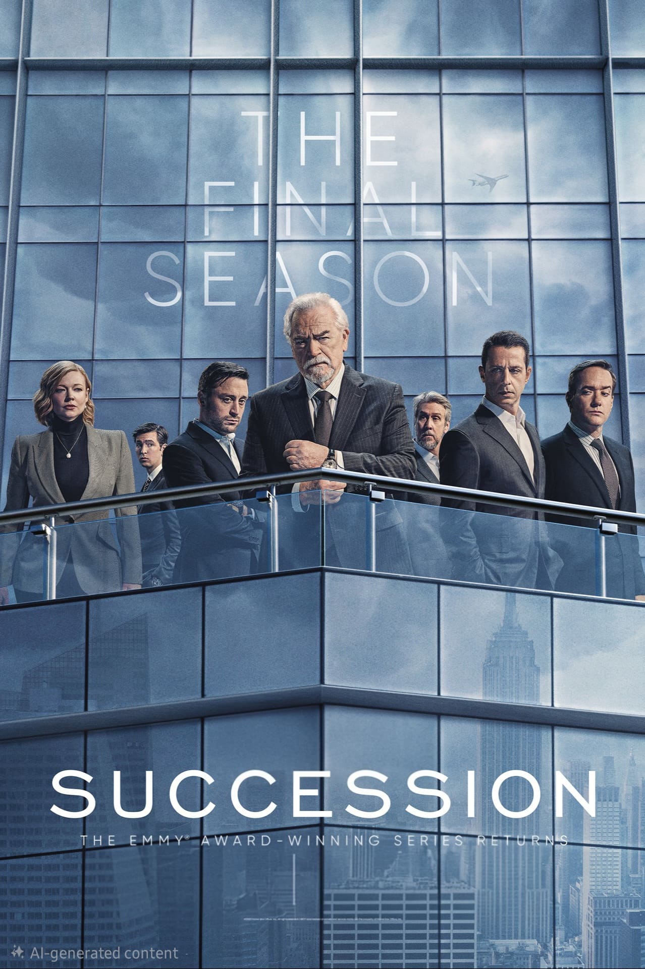 Acht ernst dreinblickende Personen in Business-Kleidung stehen auf dem Balkon eines modernen Büros vor Glasfenstern. Zu sehen sind die Schriftzüge „The Final Season“ und „Succession“, hinter ihnen spiegelt sich eine Stadtlandschaft. Genießen Sie jeden dramatischen Moment, wenn Sie die Serie über IPTV Kaufen streamen – für unvergleichlichen Komfort.