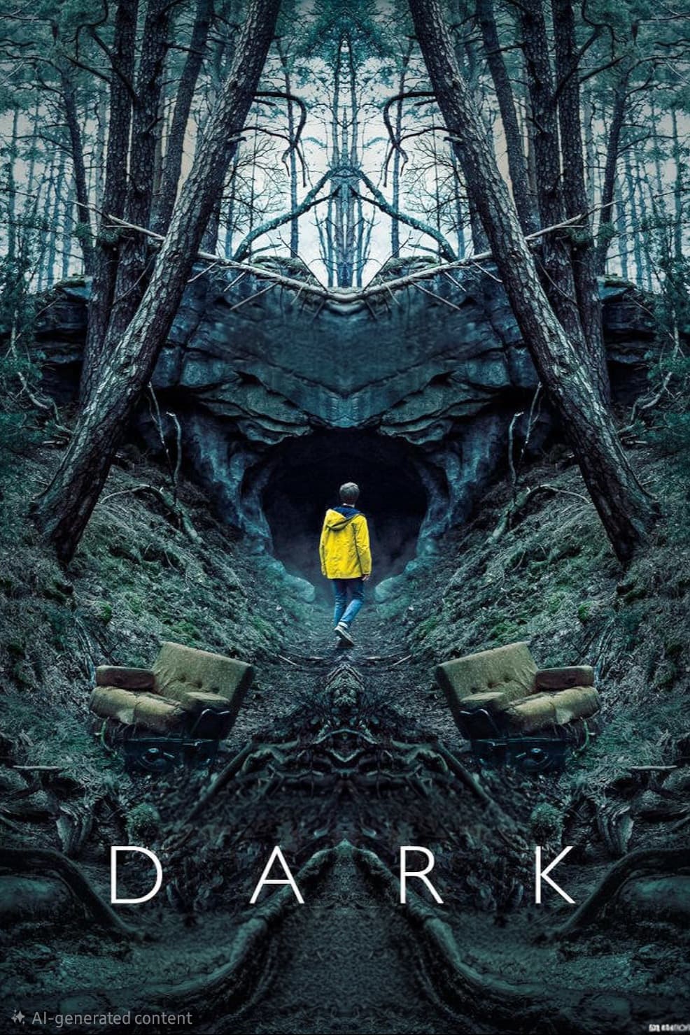 Eine Person in einer gelben Jacke steht am Eingang einer dunklen, bewaldeten Höhle. Das Bild ist vertikal gespiegelt, und unten ist das Wort „DARK“ zu sehen. Im Wald sind zwei verlassene Stühle zu erkennen, die auf vergessene Zusammenkünfte hindeuten – ganz wie verborgene Schätze, die man entdeckt, wenn man IPTV kauft, um ein einzigartiges Fernseherlebnis zu genießen.