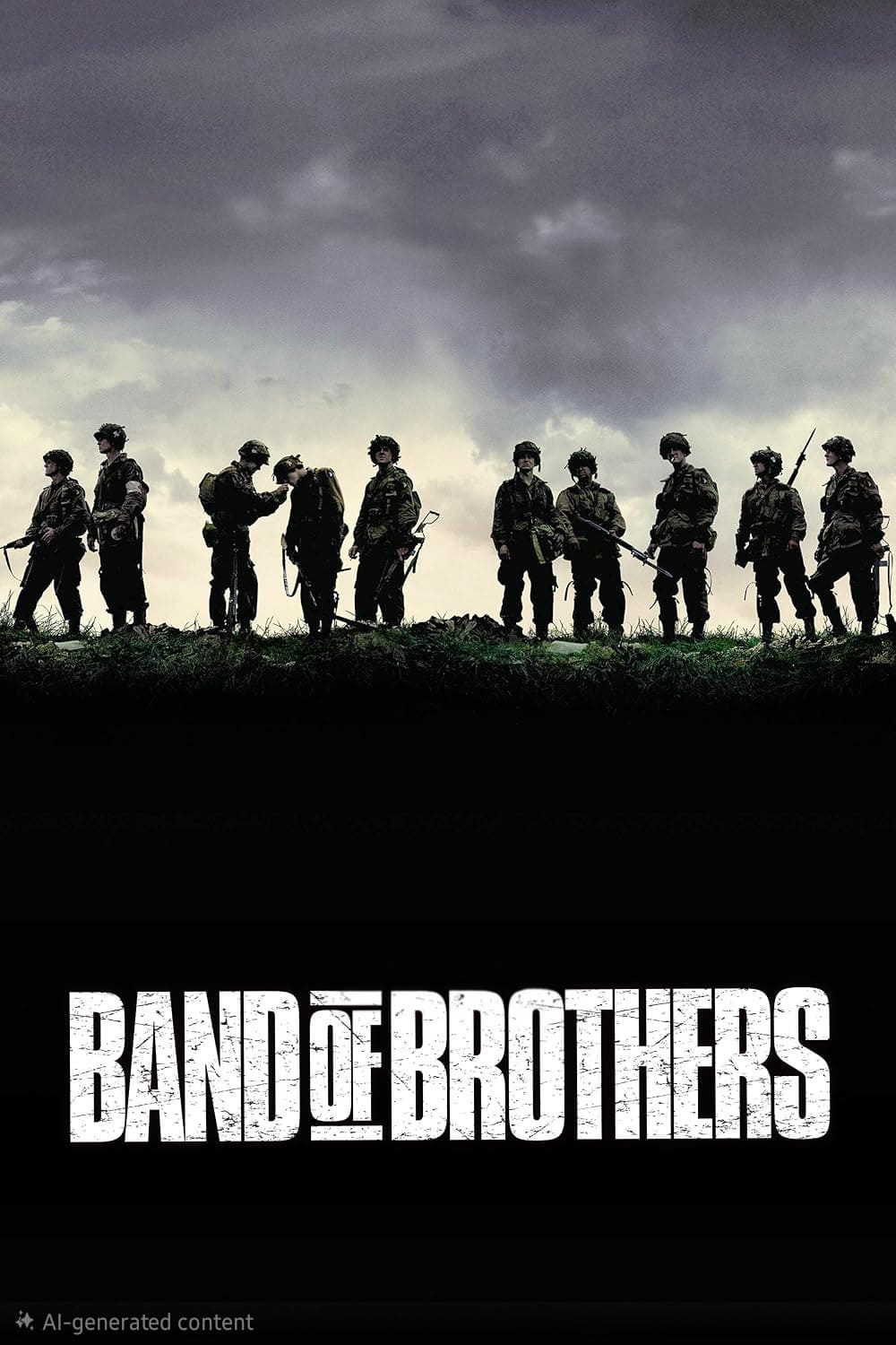 Vor einem bewölkten Himmel stehen die Silhouetten von Soldaten in einer Reihe, darunter steht in fetten weißen Buchstaben „Band of Brothers“ – ein Bild, das ebenso ikonisch ist wie die Suche nach dem besten IPTV-Anbieter für das Streaming Ihrer Lieblingsserien.