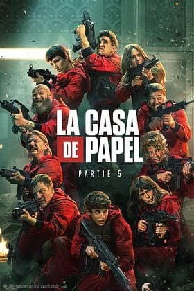 Zwölf Personen in roten Overalls stehen mit Waffen in der Hand ernst blickend beieinander. In der Mitte ist der Schriftzug „La Casa de Papel – Teil 5“ zu sehen. Der Hintergrund ist dunkel und dramatisch und vermittelt eine spannende Atmosphäre – perfekt für Fans, die jede Folge über „IPTV Kaufen“ verfolgen möchten, um ein hochwertiges Seherlebnis zu genießen.
