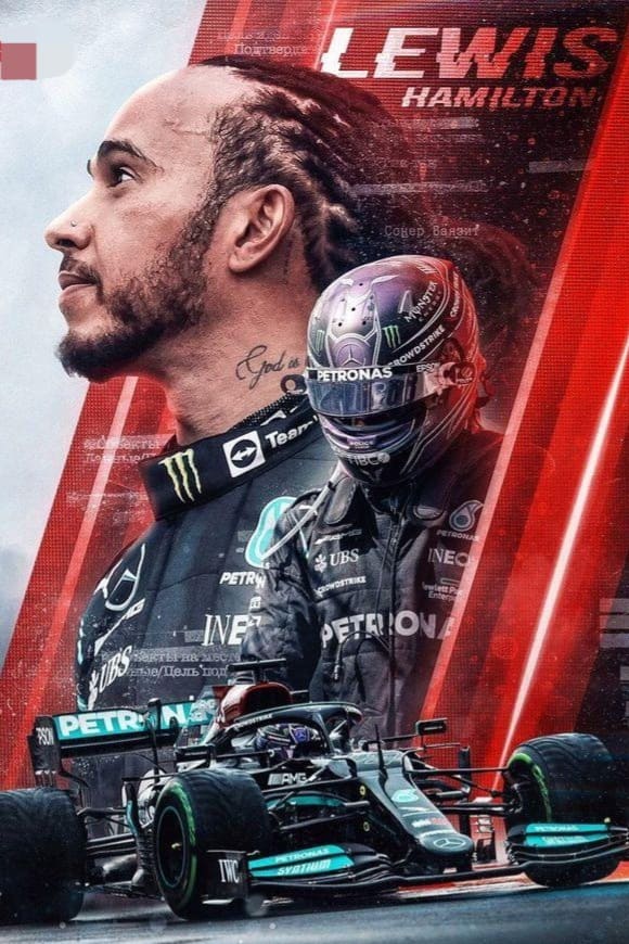 Eine Collage, auf der ein Formel-1-Fahrer neben einem Rennhelm zu sehen ist, davor ein schwarzer Mercedes und im Hintergrund rote Grafiken mit der Aufschrift „Lewis Hamilton“ – eine mitreißende Szene für Motorsportfans und alle, die mit IPTV Kaufe das ultimative Erlebnis suchen.