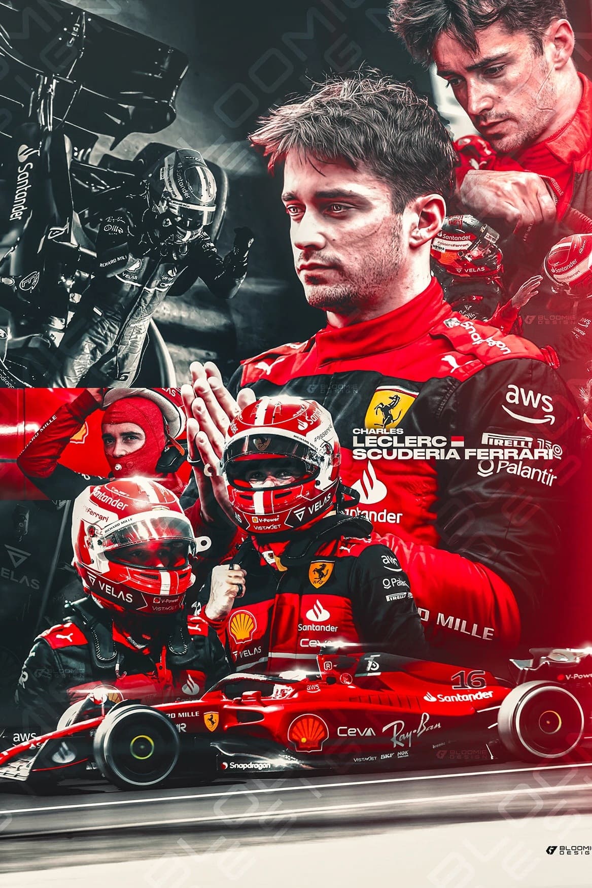 Eine Collage eines Formel-1-Fahrers in einem roten Ferrari-Anzug, mit Rennhelm und Rennwagen, mit intensiver und konzentrierter Miene, umgeben von Teamkollegen und dem Ferrari-Logo. Die dramatische und actiongeladene Atmosphäre wird noch weiter verstärkt – ganz wie der Adrenalinkick am Renntag – und fängt Momente ein, die so lebendig sind, als würde man sie live auf IPTV Kaufen verfolgen.