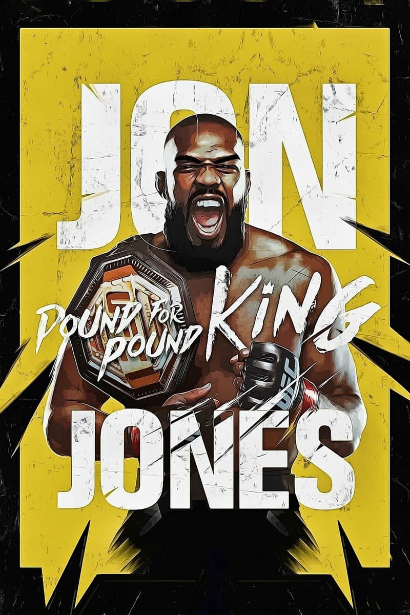 Illustration eines muskulösen Mannes, der einen Meistergürtel in der Hand hält und laut schreit, mit fettgedrucktem weißem Text „Jon Jones“ und „Pound for Pound King“ auf gelb-schwarzem Hintergrund – perfekt für Fans, die diese großartige Leistung feiern möchten, während sie die Action mit IPTV Kaufen live verfolgen.