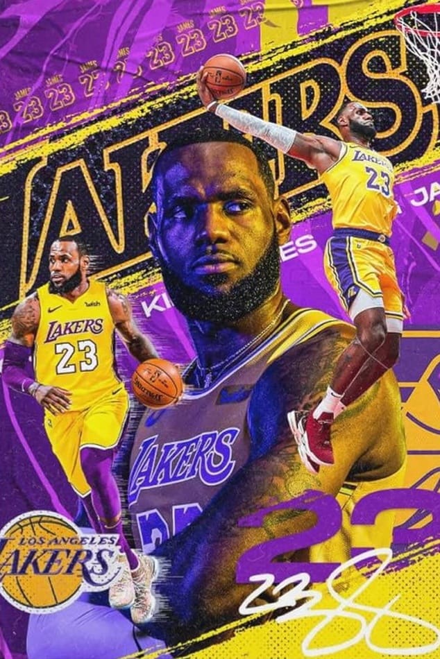 Digitale Collage eines Basketballspielers der Los Angeles Lakers mit der Trikotnummer 23, der posiert, dribbelt und einen Dunk ausführt, vor einem leuchtenden lila-goldenen Hintergrund mit „Lakers“-Schriftzug und Basketball-Motiven – perfekt für Fans, die ihren Teamstolz zeigen oder ihr IPTV-Erlebnis mit ansprechenden Bildern bereichern möchten.
