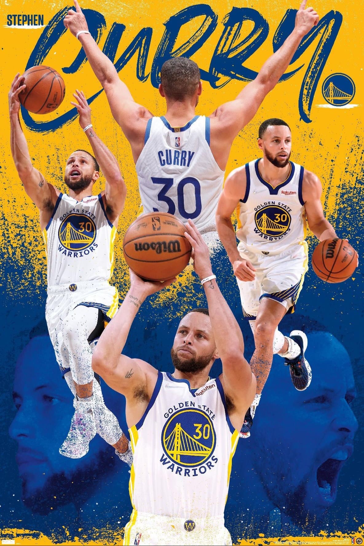 Collage eines Basketballspielers im Trikot der Golden State Warriors (Nr. 30), dargestellt in verschiedenen Action-Posen vor einem leuchtend blauen und gelben Hintergrund, mit dem Schriftzug „Curry“ in fetter Schrift oben – perfekt für jeden Fan oder als auffälliges Kunstwerk, das man sich beim Streamen von Spielen über IPTV Kaufen ansehen kann.