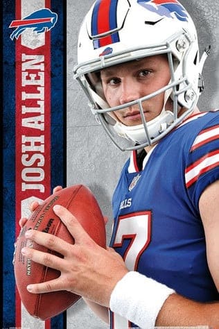 Ein Footballspieler in einem blauen Trikot und Helm der Buffalo Bills hält einen Football in der Hand. Der Name „Josh Allen“ und das Bills-Logo sind auf der linken Seite des Bildes zu sehen, wodurch es sich perfekt für Fans eignet, die jeden Moment live mitverfolgen möchten – denken Sie über den Kauf von IPTV nach, um kein Spiel zu verpassen.