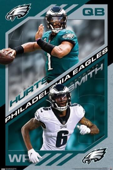 Poster mit zwei NFL-Spielern der Philadelphia Eagles: Oben ist ein Quarterback in einem grünen Trikot zu sehen, der einen Football wirft, und unten ein Wide Receiver in einem weißen Trikot. In den Ecken sind die Eagles-Logos abgebildet, was dieses Design ideal für jeden Fan macht, der Spiele über IPTV Kaufen streamt.