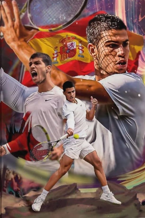 Eine Collage, die einen Tennisspieler in verschiedenen Action-Posen zeigt, alle ganz in Weiß gekleidet, vor dem Hintergrund einer spanischen Flagge. Der Spieler hält einen Schläger in der Hand, und das Bild besticht durch dynamische, farbenfrohe Effekte – perfekt für Sportfans, die sich bei „IPTV Kaufen“ umsehen, um jedes spannende Spiel live mitzuverfolgen.