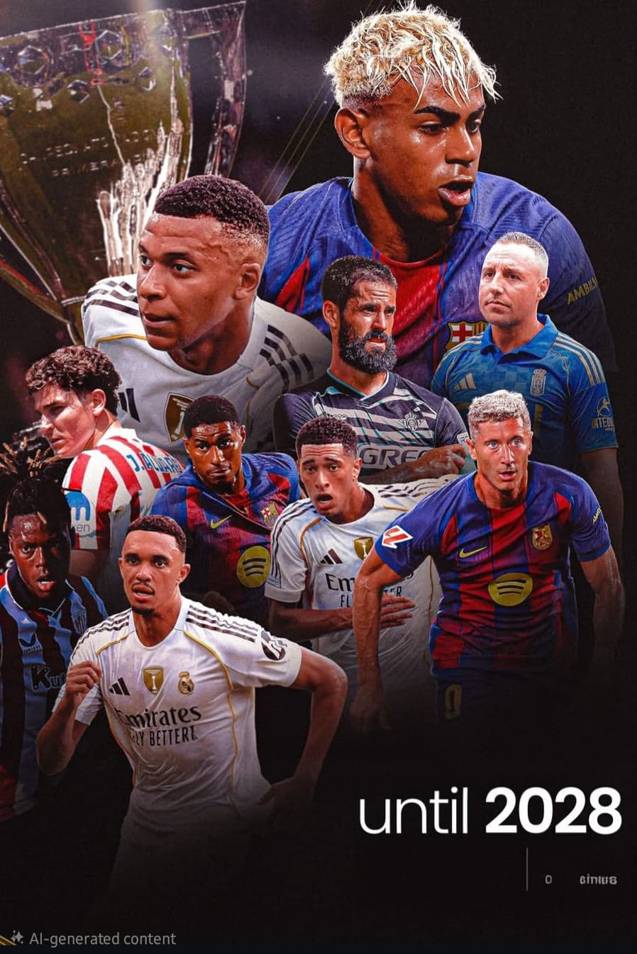 Eine dynamische Collage aus Fußballspielern verschiedener Mannschaften und Epochen, mit einem Pokal im Hintergrund und dem Schriftzug „bis 2028“ am unteren Rand. Das Bild, das sich perfekt für Fans eignet, die über IPTV Kaufen legendäre Momente noch einmal erleben möchten, zeigt herausragende Sportler in dramatischer Beleuchtung.