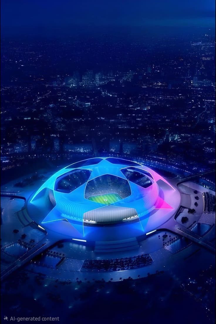 Luftaufnahme eines nachts hell erleuchteten Stadions, über dem Spielfeld bilden bunte blaue und rosa Lichter ein Sternenmuster, umgeben von einer dunklen Stadtkulisse – eine Atmosphäre, die sich perfekt dafür eignet, Live-Spiele über IPTV-Dienste zu genießen.