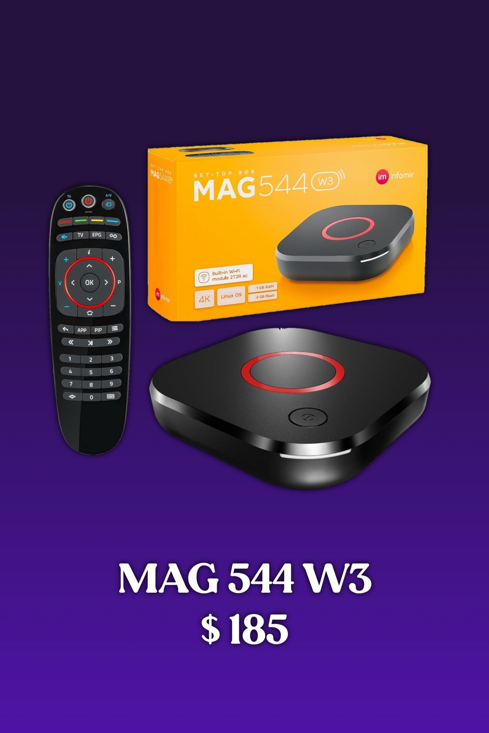 Streaming-Gerät MAG 544 W3 mit Fernbedienung und Verpackung vor violettem Hintergrund – ideal für alle, die IPTV kaufen möchten. Der Text darunter lautet: MAG 544 W3 185 $.