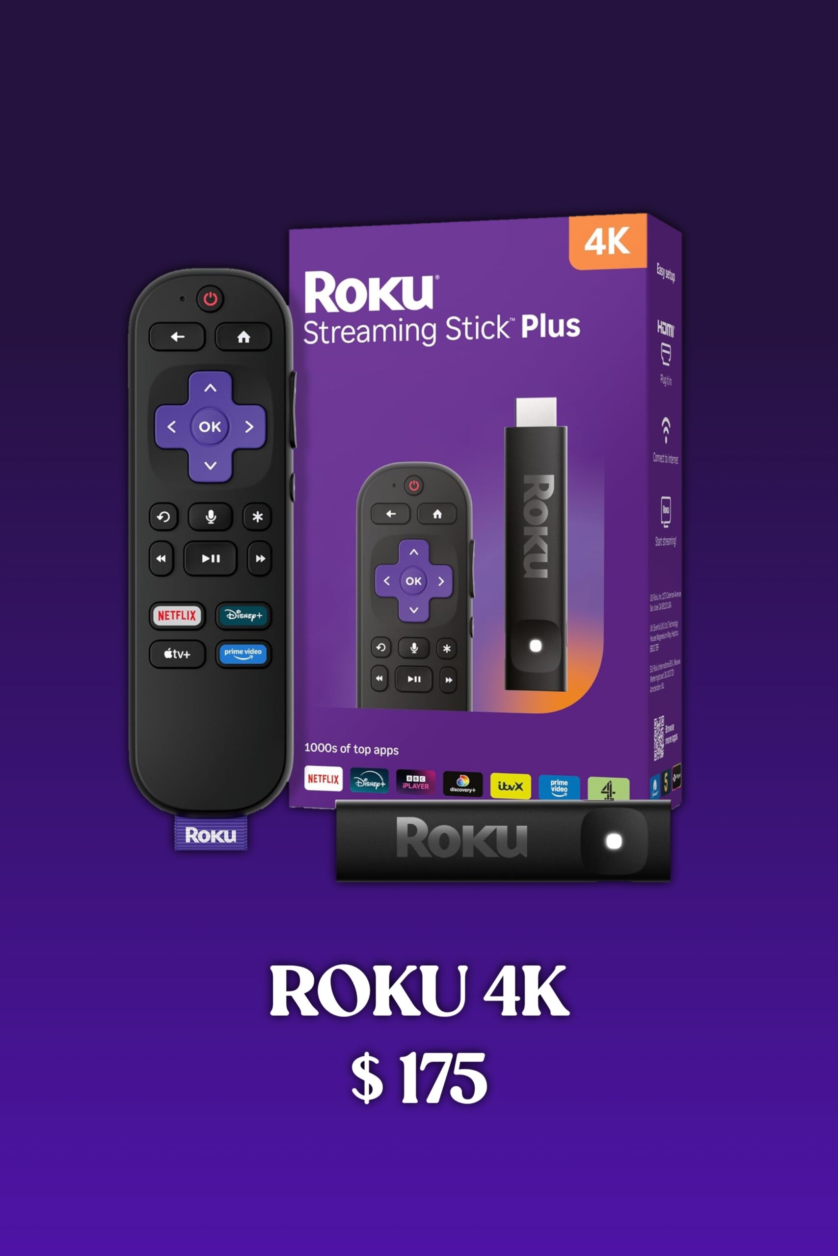 Der Roku Streaming Stick Plus 4K, abgebildet mit Fernbedienung, Produktverpackung und einem Preisschild mit 175 US-Dollar auf einem violetten Hintergrund mit Farbverlauf – ideal für alle, die ihr Unterhaltungserlebnis mit nahtlosem Streaming und IPTV-Optionen bereichern möchten.