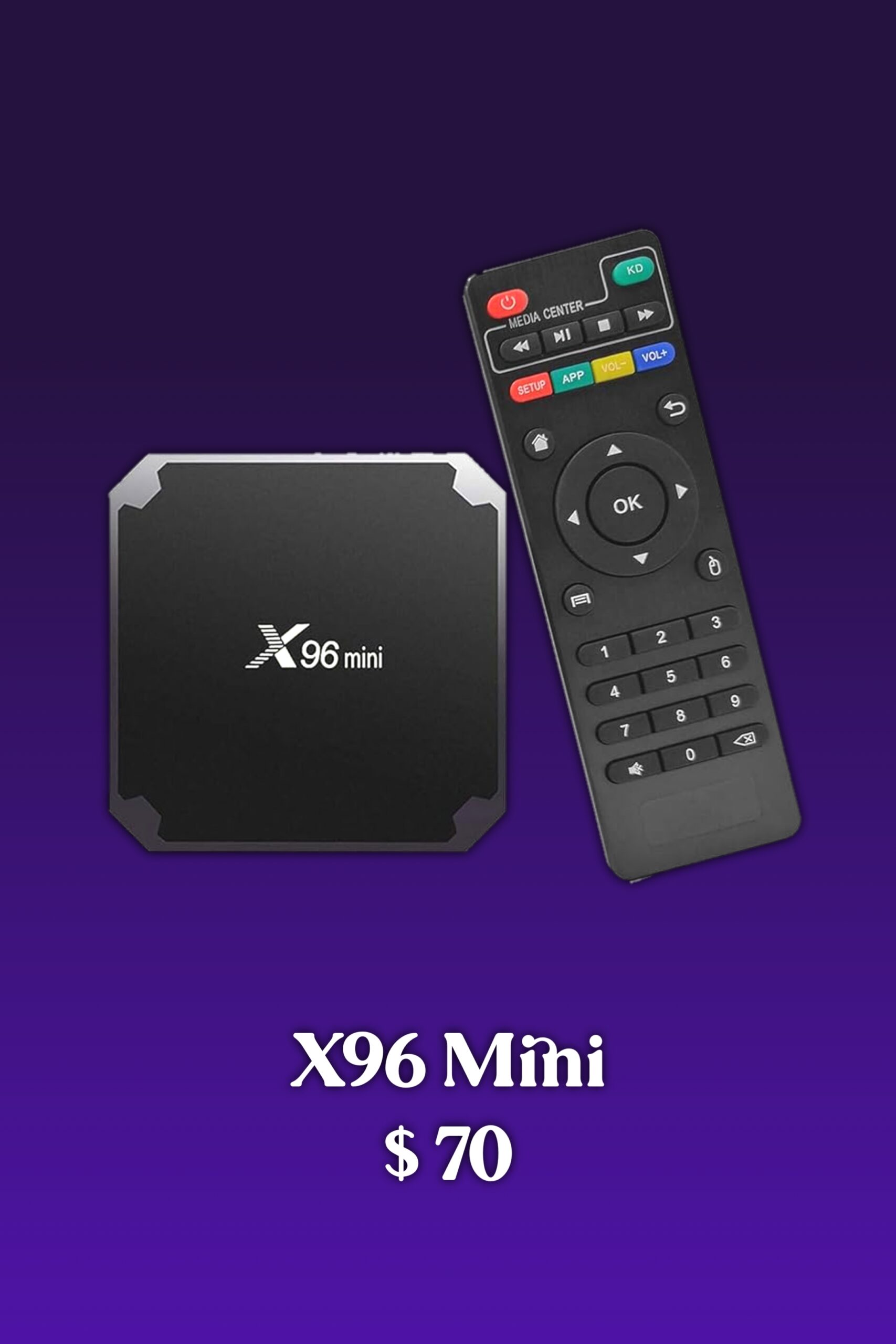 Eine schwarze X96 Mini TV-Box und ihre Fernbedienung sind vor einem violetten Hintergrund mit Farbverlauf abgebildet, unter den Geräten steht der Text „X96 Mini 70 $“ – ideal für alle, die IPTV kaufen und ihr Streaming-Erlebnis verbessern möchten.